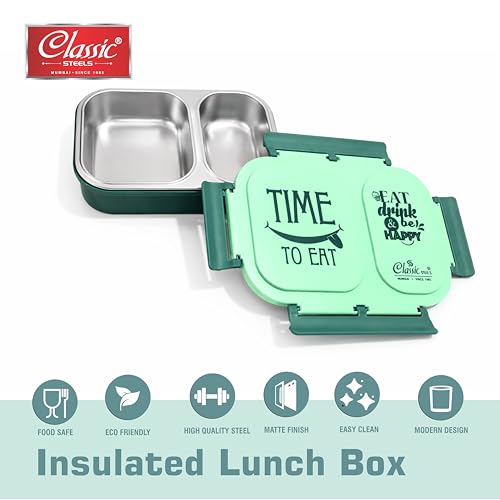 Image of Classic Steels Bento Duo Lunch Box for Kids 600ml, 2 Compartment Stainless Steel Tiffin Box, Leak Resistant, BPA Free, School Lunch Box - Green
