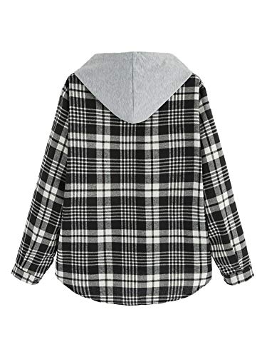 SweatyRocks Women's Long Sleeve Plaid Hoodie Jacket Button Down Blouse Tops Black White X-Large