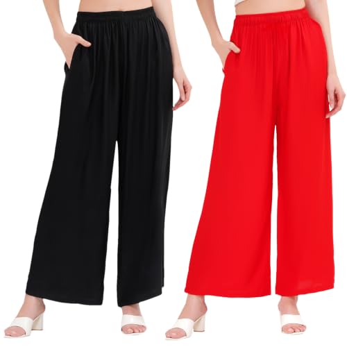 Image of Buy That Trendz Palazzo Pants for Women Rayon Elasticated Regular Fit Flared Wide Leg M to 6XL Pack of 2