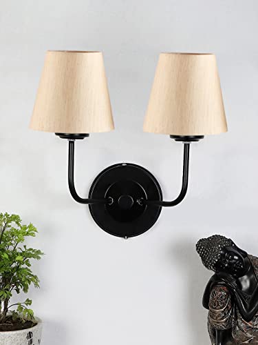 Image of Dual Wall Sconce Wall Lamp (H-10 Inches, Beige) for Living Room /Bedroom, Hall, Study, Kids Room, Home Office, Balcony Decor | Black Metal Finish, Modern Indoor Wall Night Ambient Lighting