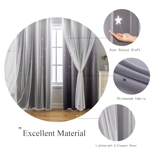 Image of indistar Dreamy Star Cutout Blackout Curtains with White Sheer,Double Layer Curtains for Girls Bedroom, Hollow Out Drapes for Nursery (2 Panel,52Wx72L,Dark Grey)