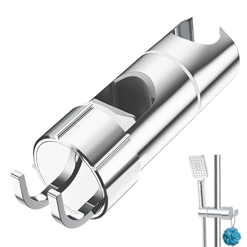 Duschkopfhalterung ohne Bohren, Handbrause Halterung Verstellbar, Universal für Duschstange 16–27 mm, mit 2 Haken, 360° drehbar Brausehalter, Verchromt, Einfache Montage
