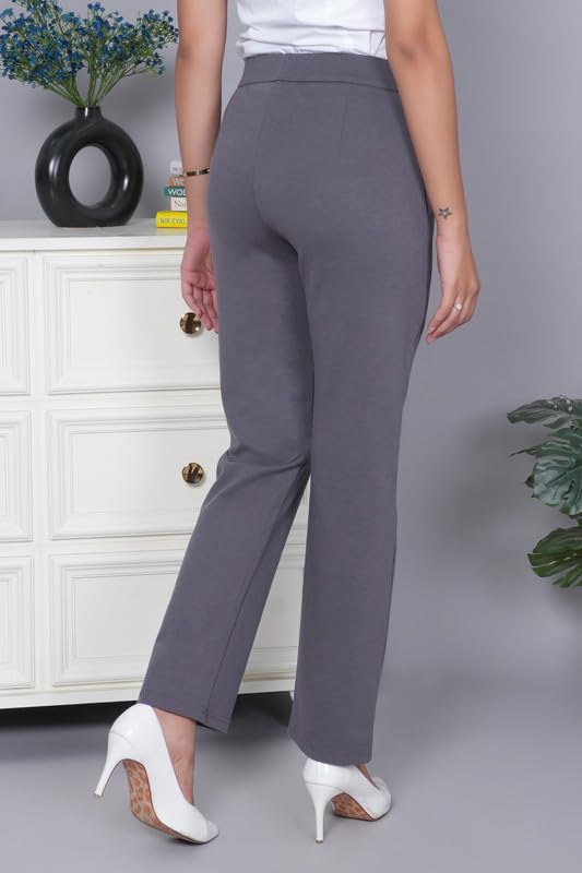 Image of Mlada Straight Fit Cigarette Pencil Pants Elastic Waist Band Mid High Waist Formal Office Trousers for Women, Pockets for Travel Stretch Cotton Knit Full Length Regular /Plus Size
