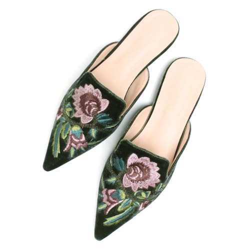 LUXINYU Women's Chinese Floral Embroidery Pointed-Toe Flats Comfortable Velvet Casual Mules House Slippers Shoes