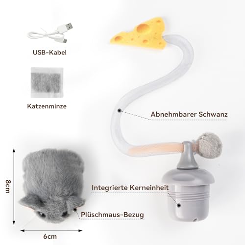 Migipaws Interaktives Katzenspielzeug, elektrisch rollende Migimaus mit wackelndem Schwanz,Intelligenter Sensor, Quietschen, Katzenspielzeug selbstbeschäftigung mit Katzenminze,wiederaufladbar