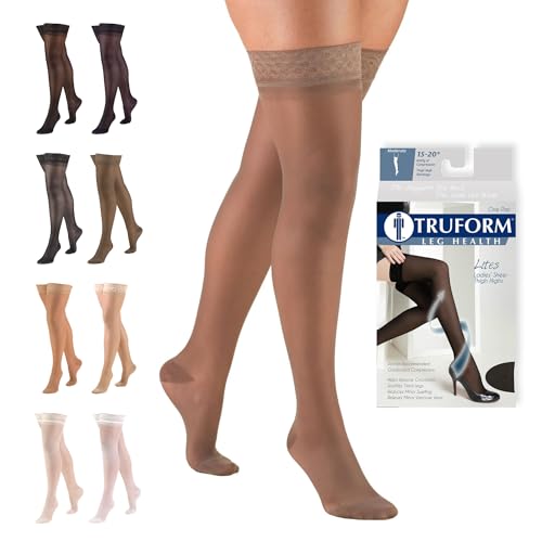 Image of Truform Sheer Compression Stockings, 15-20 mmHg, Women's Thigh High Length, 20 Denier, Taupe, Small