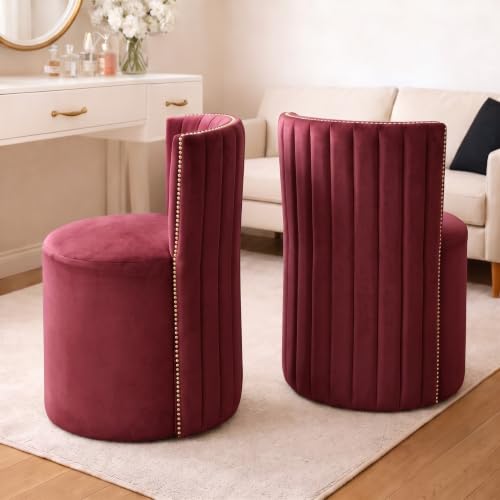 Image of Luxury Velvet Ottoman Chair Pouffe Stool-Modern Round Soft-Padded Chair for Dining Room, Living Room /Cafeteria Seating /Bedroom and Dressing Area /Ottoman with Backrest (Maroon)