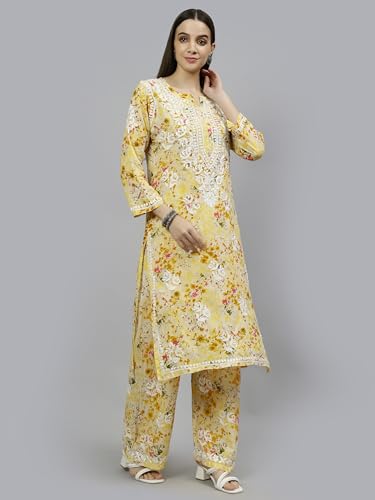 Image of Seva Chikan Hand Embroidered Lucknowi Chikankari Mal Mal Straight Printed Kurta & Palazzo Set for Women SCL8041