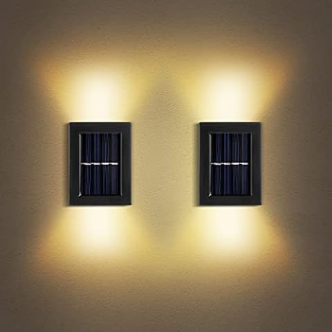 JHBOX Solar Wall Lights Small Fence Lights Solar Powered 2 Pack, Up Down LED Porch Light, Luces Solares para Exteriores, Exterior Light Fixture Christmas Lights Holiday Decor (Warm White Lighting) Cover