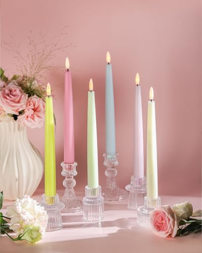Image of Stmarry Multicolored Pastel Flameless Taper Candles with Remote and Timer, 9.65 Inch Real Wax LED Colorful Candlesticks, Battery Operated Colored Tall Candles with 3D Flickering Flame, 6 Pack