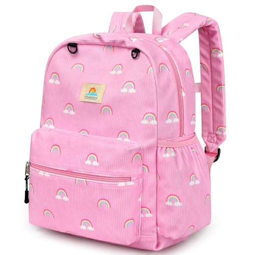 Image of STEAMEDBUN Corduroy Kids Backpack for Girls 5-8: Girls Backpack for Elementary Kindergarten - 15 inch Cute Backpacks for Kids - Rainbow