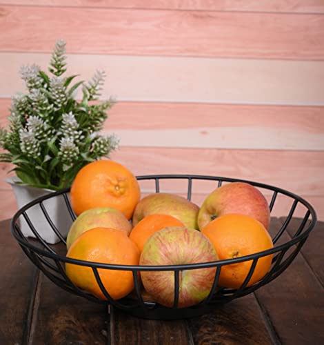 Edhas Iron Round Fruit Bowl With Mango Wood Base, Centerpiece Bowl For Living Room And Modern Kitchen Table (10" X 10" X 3") #TOP2