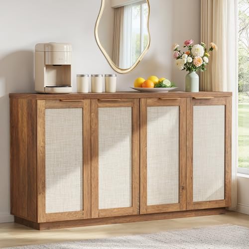 HOMMPA 55'' Sideboard Buffet Cabinet with Storage Boho Kitchen Buffet Cabinet with 4 Doors and Adjustable Shelves, Rattan Credenza Wood Coffee Bar Cabinets/Table for Living Room, Hallway & Kitchen