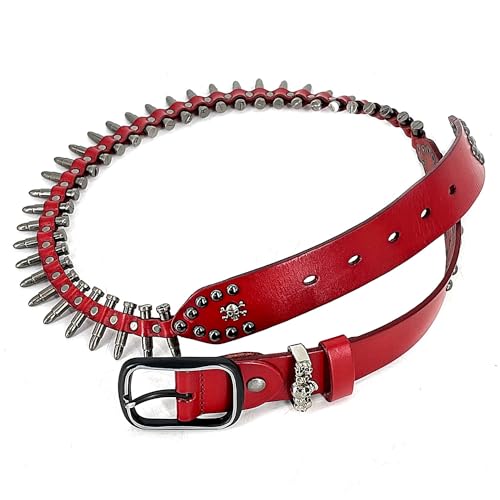 Red Genuine Leather Belt with Solid Metal Bullet studded for Women or men