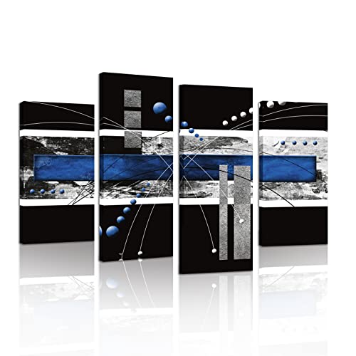 YPY Large Black Blue Canvas Wall Art - 4 Panels Modern Abstract Picture Set for Home Decoration - Contemporary Painting Artwork Ready to Hang Living Room Bedroom W48 x H36