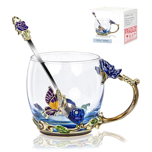 Teetasse mit Blume, Schmetterling, Gänseblümchen, Glas, ausgefallene Kaffeetasse mit Löffel, Geschenkbox für Mutter, Ehefrau, Oma, Mädchen, Freunde, Valentinstag, Weihnachten, Geburtstag, Geschenkidee