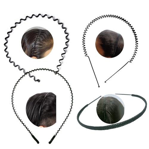 Image of Pack of 4 Unisex Black Flexible Metal Wavy, Spring, Coilflex, and Chain Hairbands - Stylish and Comfortable Headbands for Daily Use by Men, Women, Boys, and Girls