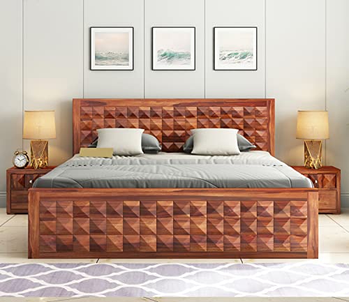Image of Sheesham Wood King Size Bed with Storage for Bedroom Living Room Solid Wood Cot Wooden Palang Double Bed Furniture (Honey Finish)