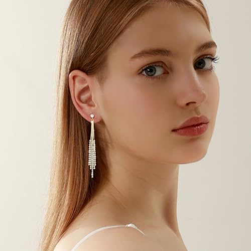 Clip on Earrings for Women 18K Gold Plated Long Drop Dangle Earrings Charming No Piercing Hoop Stud Earrings Sparkly Cubic Zirconia Tassel Ear Clips Statement Jewelry Party Prom Wedding4