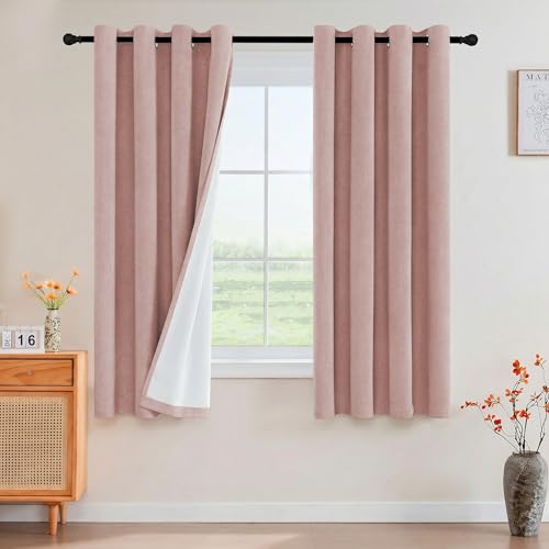 Image of PrinceDeco Blackout Curtains Linen Blended 63 Inch Long Room Darkening Black Out Curtains for Living Room with Natural Slubs & Grayish (Not Solid) Thermal Insulated Grommet 2 Panels - Heathered Pink