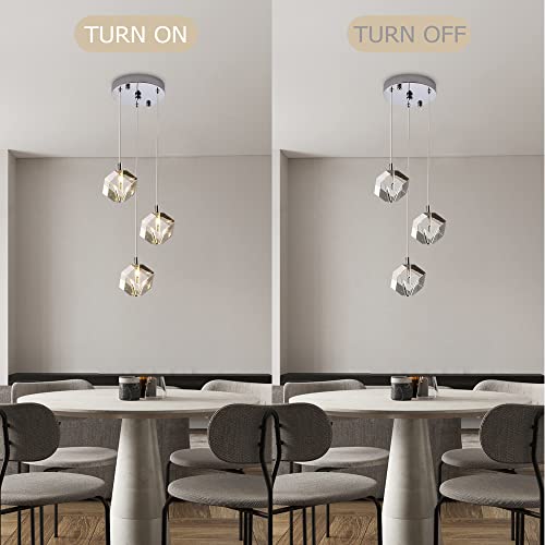 Isamacc 3-Light Cube Crystal Pendant Lighting, Cluster Square Pendant Chandelier In Chrome, Clear Crystal Hanging Pendant Ceiling Light Fixture For Dining Room Kitchen Island, 9W #TOP5