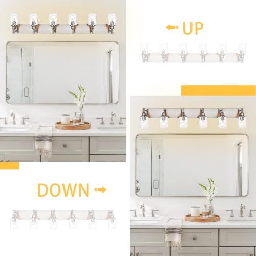 Image of 6 Lights Brushed Nickel Bathroom Vanity Light, Hammered Glass Shade | Modern Bathroom Lighting Fixtures over Mirror, Metal Finish Vanity Wall Sconce, E26 Base, for Bedroom Living Room Hallway