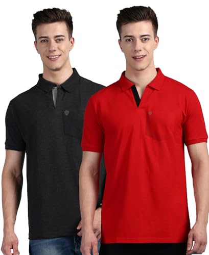 Image of Lux Cozi Men Cotton Regular Fit Polo Neck Half Sleeve Solid Casual T-Shirt with Chest Pocket | Pack of 2 |