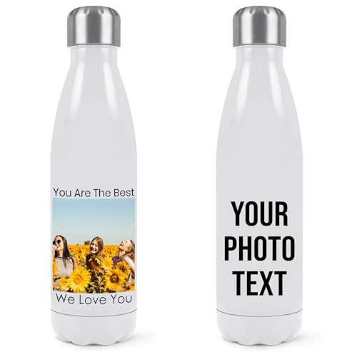 Image of EKAM Personalised Stainless Steel Water Bottle Customise with Your own Image and Text - Thermal Vacuum Insulated 500ml Water Bottle Gift Back to School, Christmas, Mother Day, Fathers Day, Birthday