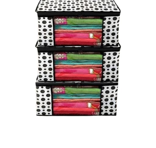 Non-Woven Printed Saree Cover Storage Organizer With Transparent Window and Zip, Cloth Storage, Saree Organizer, Saree Bags Storage, Clothes Organizer Black Dot 3 Pcs VAI-P2380