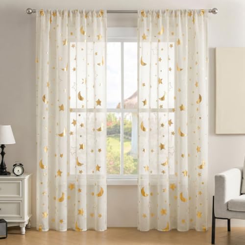 Voilage beige lune étoiles dorées à passe-tringle, L132 x H160 cm