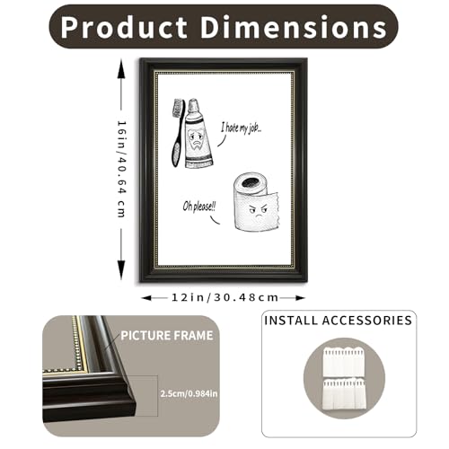 NDEINALF Funny Bathroom Wall Art, Framed Black and White Canvas Print with Toothpaste, Toothbrush and Toilet Paper Cartoon, Humorous Restroom Decor, 12x16 Inch by NDEINALF - Used condition - Image 2