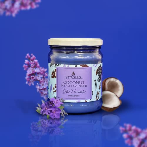 Smells - Odor Eliminator - Premium Soy Wax Jar Scented Candle 12Oz. - 100% Cotton Single Wick - Fragranced Candles That Eliminates Odors: Food, Pets, Smoke And Others (1-Pack, Coconut Milk & Lavender) #TOP2