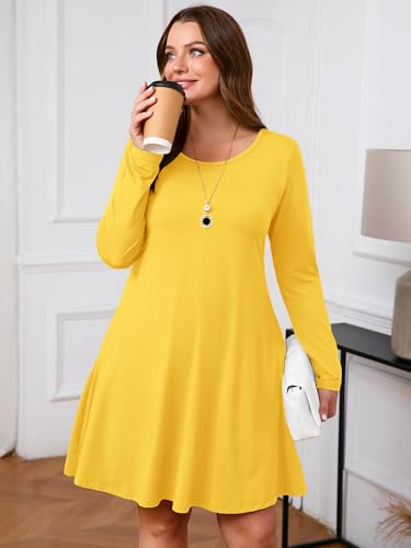 Image of AusLook Women's Plus Midi Dress Long Sleeve Crew Neck A-Line Swing Flowy Vacation Fall Wedding Guest Dresses with Pocket 1-5X