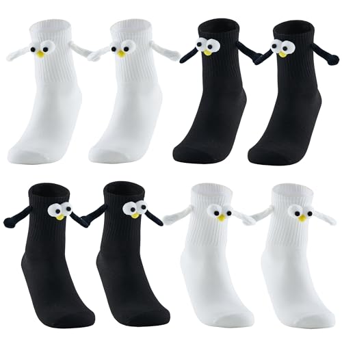 Color Land® 4 Pairs Cute Socks Hand in Hand Magnetic Socks-Fun 3D Eye Unisex Socks with Magnetic Hands Holding Friendship Socks,100% Cotton Socks that Hold Hands-WB, Black and White, 4