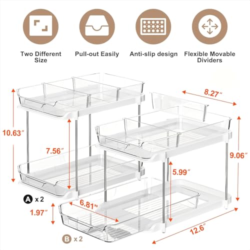 Image of Delamu 2-Tier Multi-Purpose Bathroom Under Sink Organizers and Storage, Stackable Kitchen Pantry Organization, Pull Out Medicine Cabinet Organizer with Movable Dividers, White, 4Pack