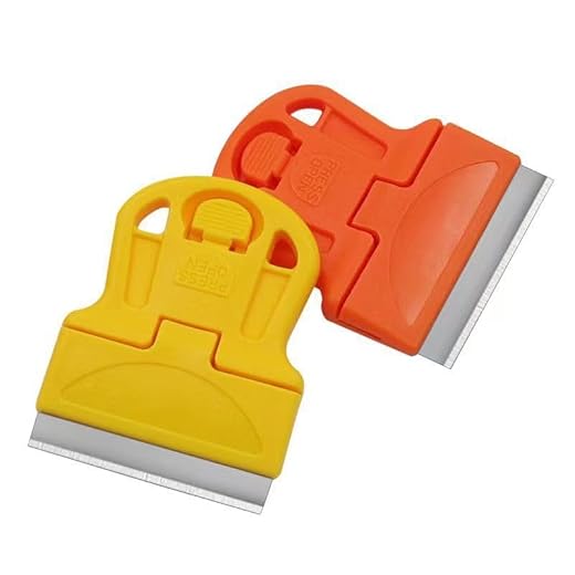 2PCS Mini Plastic Scraper with Foldable Metal Blade Compact Handle for Removing Stickers Old Glue Paint On Glass and Labels, OrangeYellow
