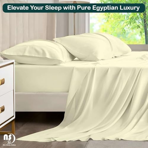 Image of NON Sticky cotton Premium 4 Piece Egyptian Cotton Fitted Full XL Sheet Set, Hotel Quality Soft Breathable Bedding Sheets, 15 inch Deep Pocket, 54 inch X 80 inch, Ivory Solid