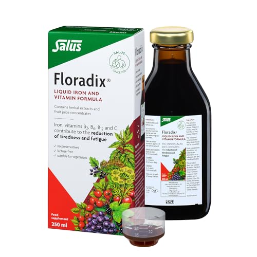 Salus Floradix Liquid Iron 250ml Supplement with Vitamin C & B-Complex. Iron contributes to the Reduction of Tiredness. Vegetarian. No preservatives. Suitable for Women Men and Children 3+.