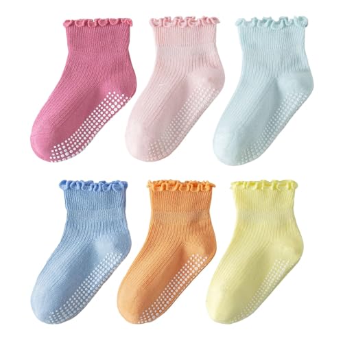 Image of ANYANIME 6 Pairs Toddler Ruffle Socks for Girls Baby Grip Socks Non Slip Socks Cute Grippy Frilly