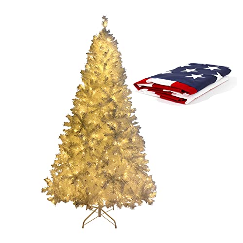 7.4Ft National Christmas Tree With 3X5 Ft 210D Polyester American Flag, White Hinged Spruce Full Xmas Tree With 500 Led Lights, Pvc Branch, Artificial Holiday Christmas Pine Tree For Home Office Party #TOP25