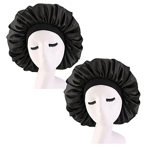 2 Piezas Gorro de Dormir de Satén, Gorro de Noche Sedoso con Banda Ancha Elástica, Seda Noche Sombrero Pelo Capó, Grande Cubierta de Cabeza de Noche para Chicas Mujeres Cuidado Cabello (Negro)
