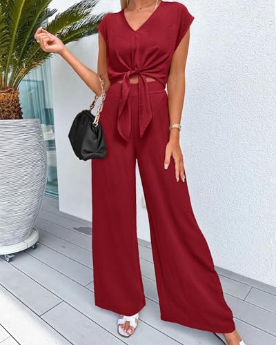 Image of PRETTYGARDEN Women's Summer 2 Piece Outfits 2026 Cap Sleeve V Neck Belted Crop Tops Wide Leg Pant Sets Casual Tracksuit