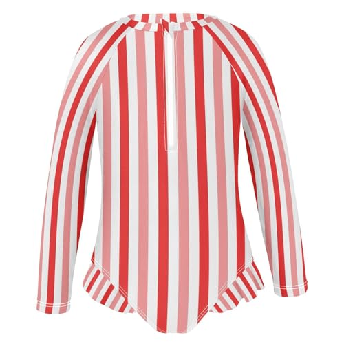 CaTaKu Girls Swimsuit One Piece Rash Guard Pink Red Stripes Kids Bathing Suit Long Sleeve UPF 50+ Swimwear 3-12T2