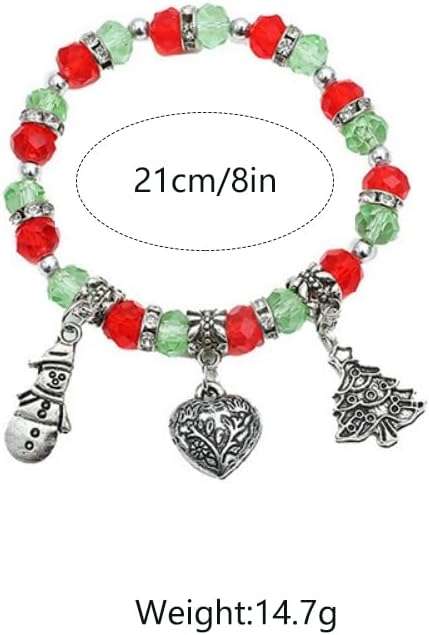 Red Green Ball Stretchy Bracelet for Women Acrylic Beaded Christmas Tree Snowman Charms Chain Cute Xmas Holiday Festival Dress Accesories Jewelry 8 inch - Image 6