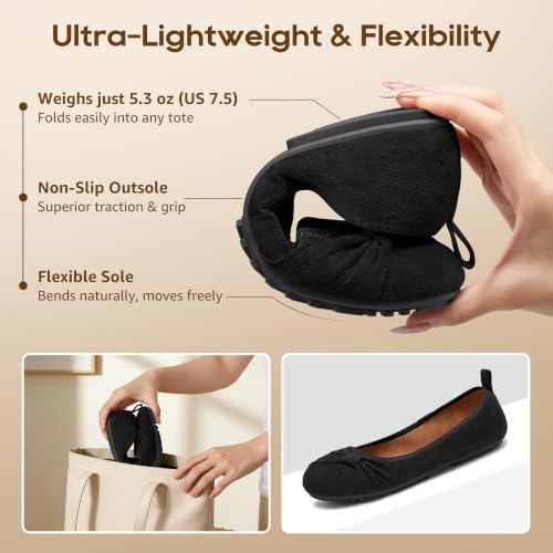 Image of Ecetana Comfortable Ballet Flats for Women: Lightweight Cushioned Foldable Slip-On Work Shoes with Memory Foam - All Day Walking Comfort - Dressy Flats for Office Business