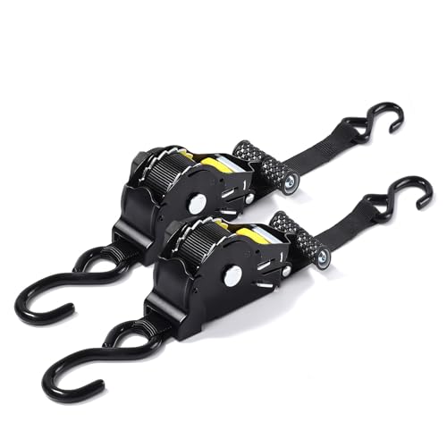 Putentfun 2 Pack Auto Retractable Ratchet Straps Each 2.5cm X 3m Strap Boasts a 1500lbs/680kg Break Strength Featuring Weather Resistant Safety S-Hooks Heavy Duty Tie Down Perfect for Any Hauling Job