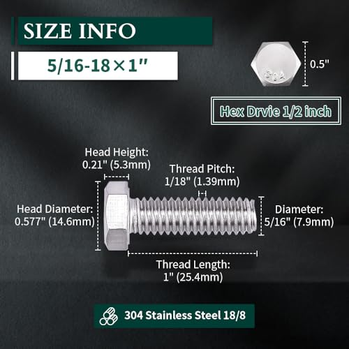 Image of 5 /16-18 x 1 inch Hex Head Bolts Screws, 304 Stainless Steel 18-8, Fully Threaded, Hexagon Head Cap Bolts Screws, Coarse Thread UNC, 10 PCS