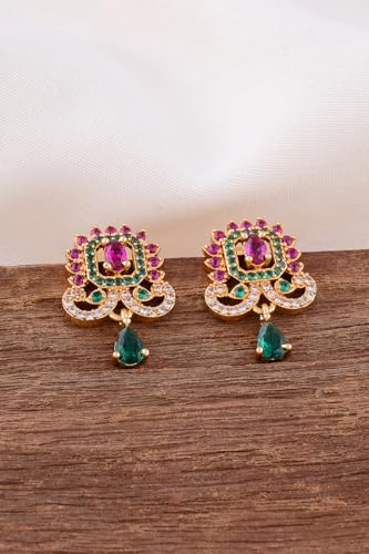 Image of Radha's Creations brass Ruby Emerald stud earrings one gram gold for women and girls one gram gold