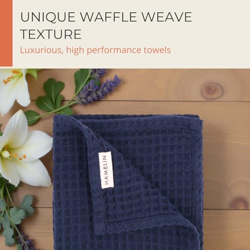 Image of HAMELIN The Ezra Waffle Hand Towel | Pure Cotton Lightweight Anti Microbial & Water Absorbent | Softer Touch Quick Drying Towels | Durable & Long Lasting | Blue | 70 cm x 43 cm | Pack of 1