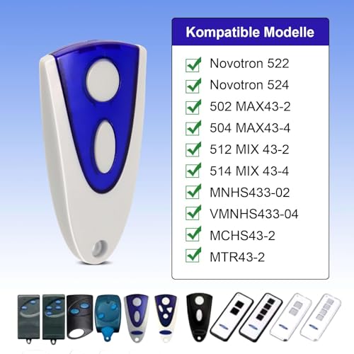 Garagentoröffner Fernbedienung für Novoferm Handsender, kompatibel mit Novotron 502 MAX43-2, Novotron 512 MIX43-2, 433,92 MHz, 2 Kanal Garagentoröffner Handsender, 2 Stück